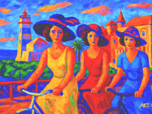AMIGAS DE BICICLETE PASSEIAM EM CASCAIS